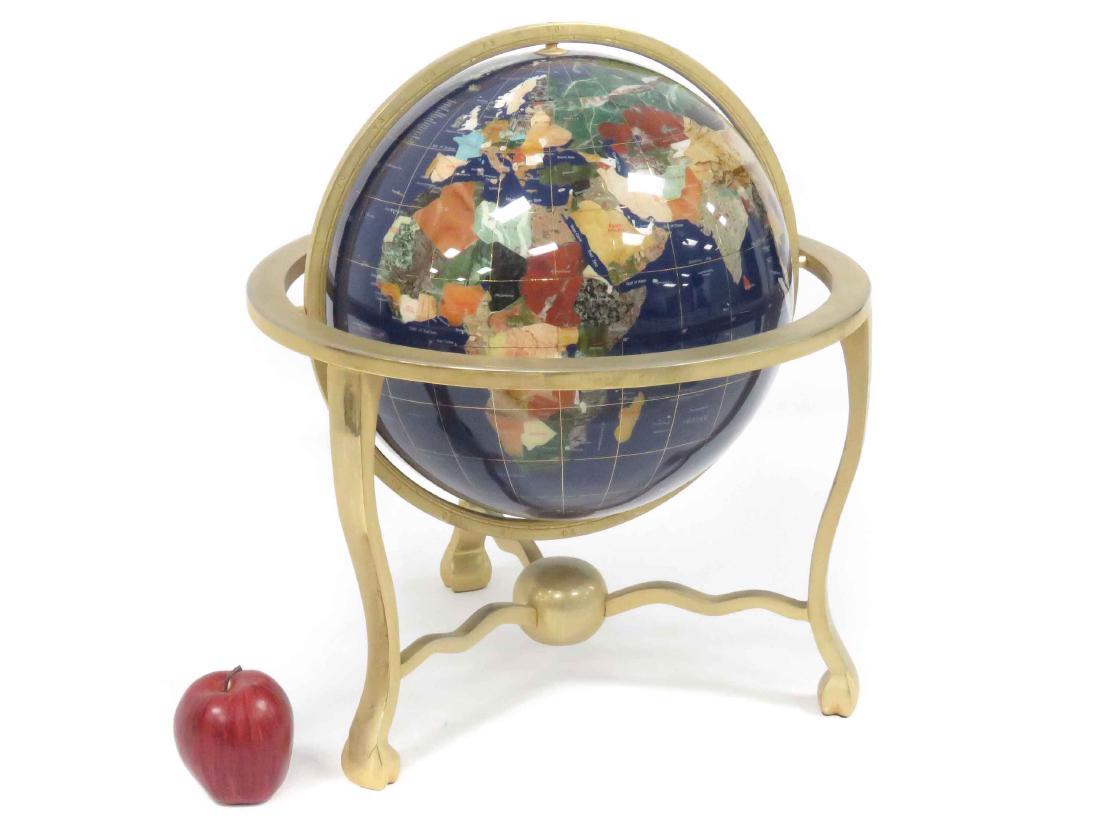 GEM STONE INLAID EARTH GLOBE WITH GILT METAL STAND. (1 of 4)