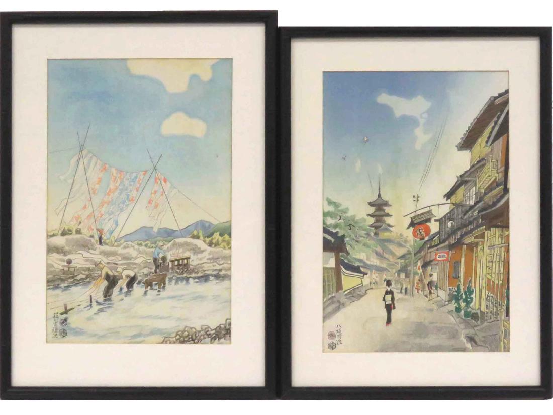 KOTOZUKA EIICHI (JAPANESE 20TH CENTURY), LOT (2): KOTOZUKA EIICHI (JAPANESE 20TH CENTURY), LOT (2) WOODBLOCK PRINTS INCLUDING "NEAR YATSUHASHI ON NEW YEAR'S DAY" AND WASHING IN THE STREAM, FRAMED AND GLAZED-21 X 15"