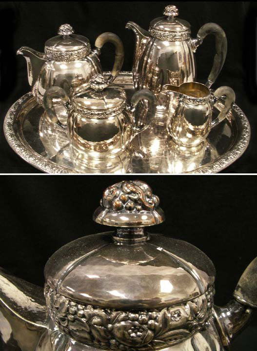 SET SECESSIONIST SILVER PLATE/COPPER TEA SET: SET SECESSIONIST HAND HAMMERED SILVER PLATE ON COPPER TEA SET/TRAY, SIGNED & NUMBERED 62400. OVAL TRAY 13 1/2 X 15 1/2"