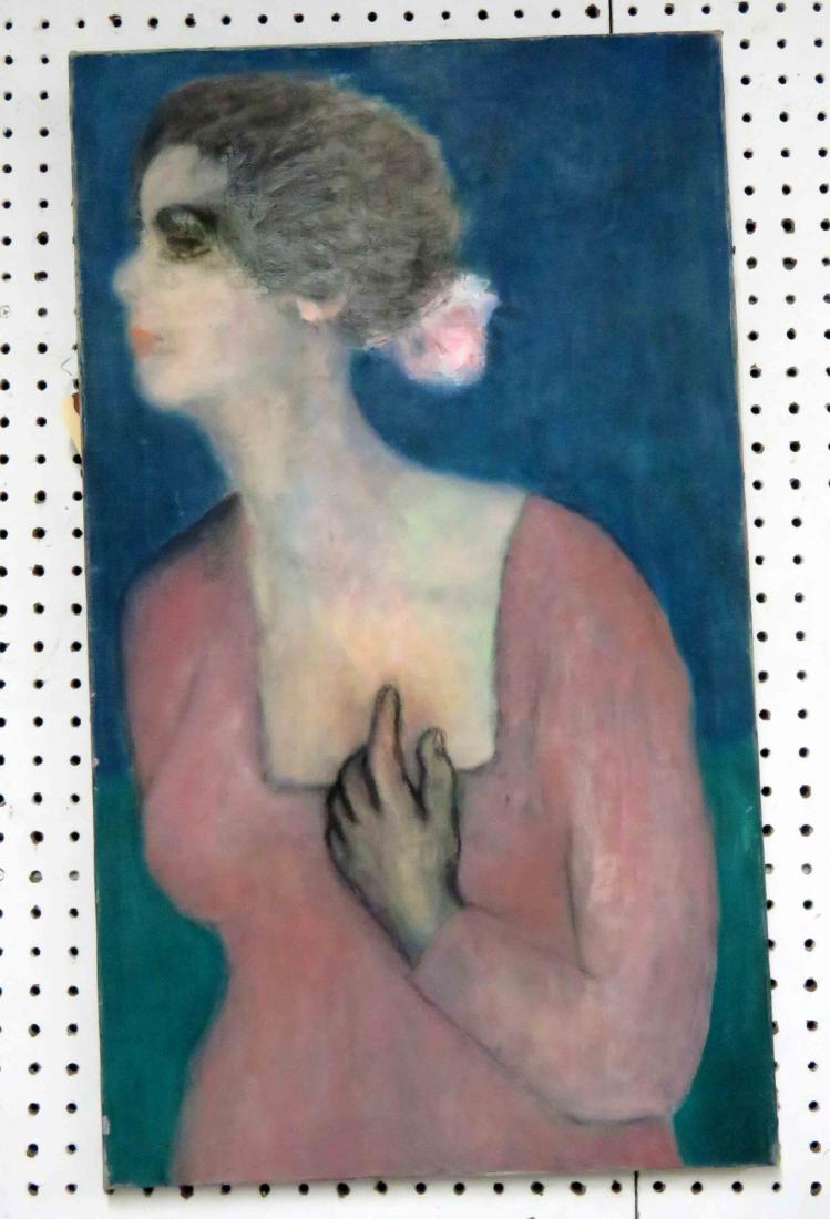 AMERICAN SCHOOL (20TH CENTURY), OIL ON CANVAS, LADY IN: AMERICAN SCHOOL (20TH CENTURY), OIL ON CANVAS, LADY IN PINK, UNSIGNED. 29 X 17"