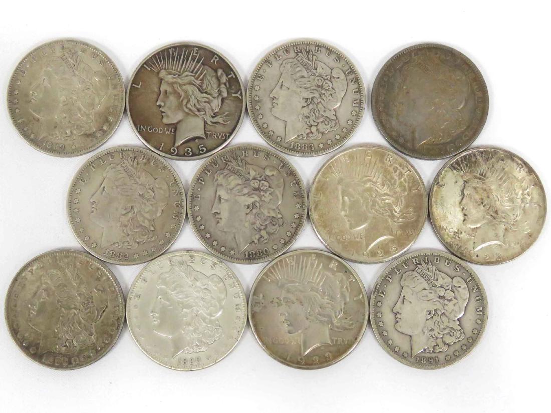 LOT (12) ASSORTED MORGAN AND PEACE SILVER DOLLAR COINS (1 of 2)