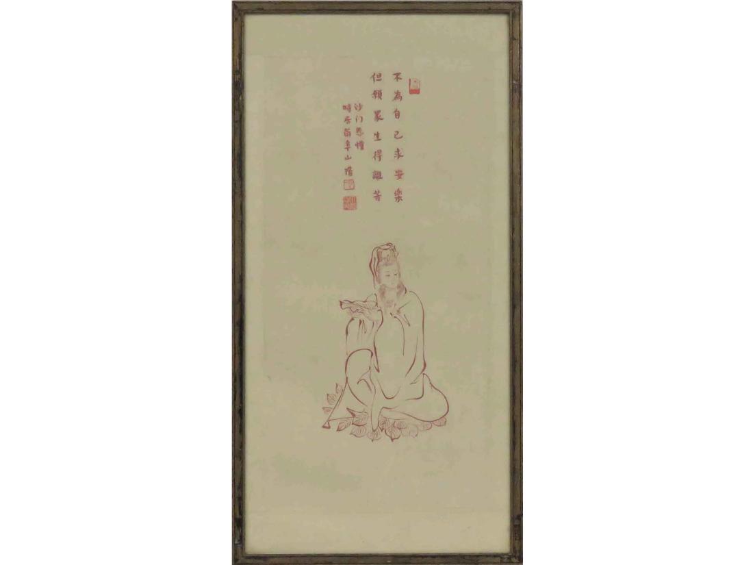 CHINESE SCROLL PAINTING, RED INK ON PAPER, KUAN YIN,: CHINESE SCROLL PAINTING, RED INK ON PAPER, KUAN YIN, LATER 20TH CENTURY, SIGNED. SIGHT 31 1/2 X 15"; FRAMED AND GLAZED-33 X 16 1/2"