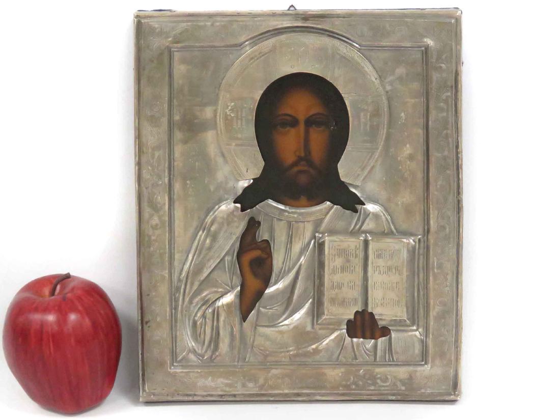 RUSSIAN ICON, CHRIST, WITH SILVERED OKLAD, 19TH (1 of 2)
