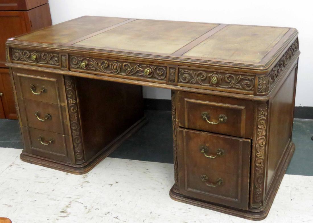 VINTAGE CARVED WALNUT EXECUTIVE DESK WITH LEATHER INSET (1 of 1)