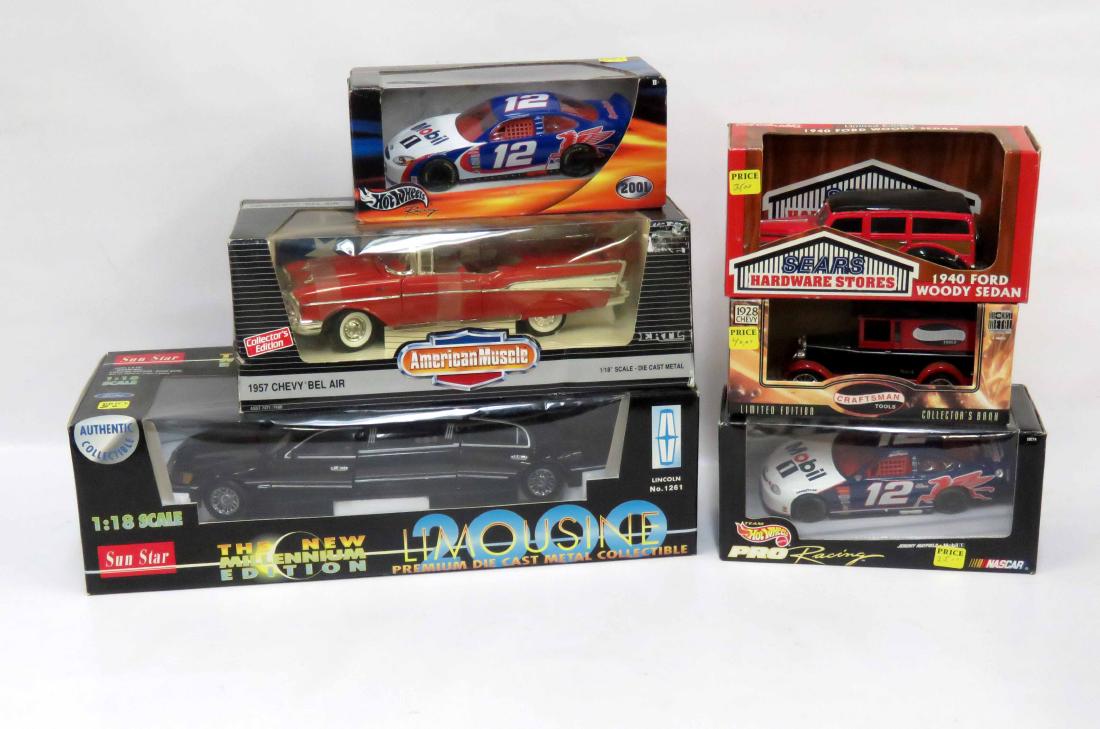 BOX LOT (6) DIE CAST CAR & TRUCK MODELS, BOXED: BOX LOT (6) DIE CAST CAR & TRUCK MODELS, BOXED INCLUDING (2) HOT WHEEL RACING CARS, AMERICAN MUSCLE, 1957 CHEVY BELAIR, CRAFTSMAN TOOLS, 1928 CHEVY SEARS, 1940 WOOD SEDAN AND SUNSTAR 2000 LINCOLN LIMO