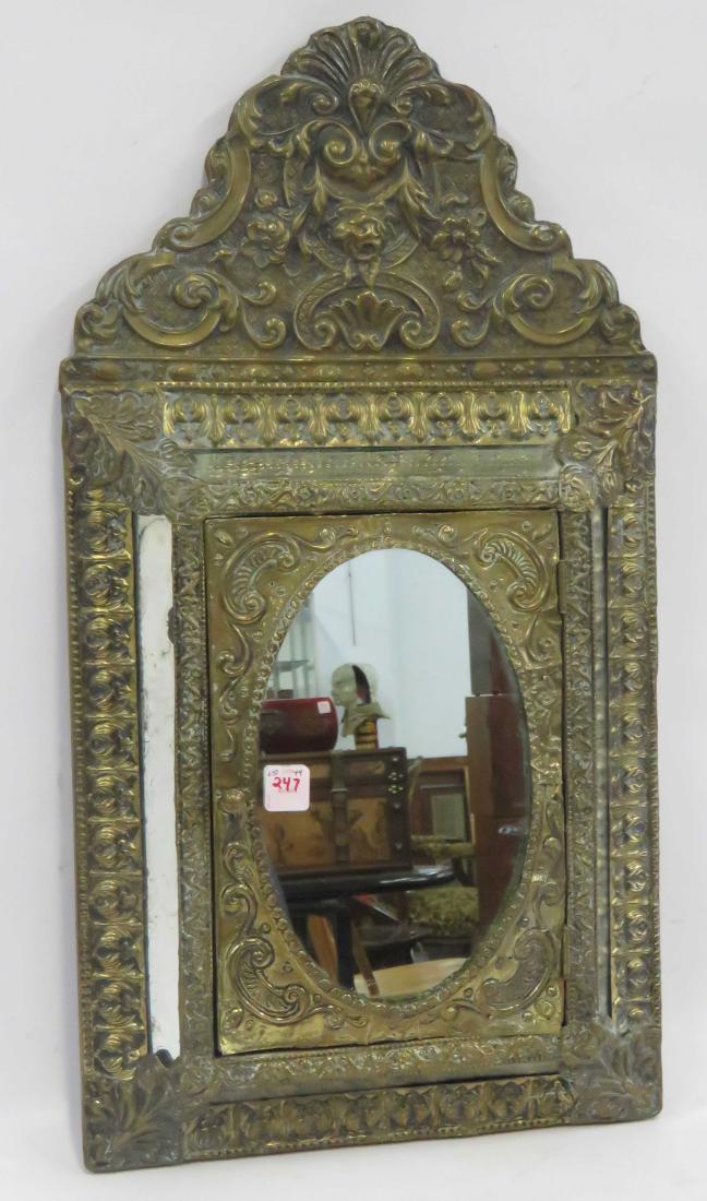 DUTCH REPOUSSE BRASS HANGING MIRRORED CABINET. HEIGHT (1 of 2)