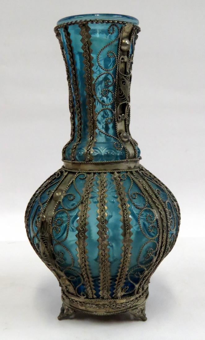 SILVERED FILIGREE OVER-BLOWN AQUA GLASS VASE. HEIGHT 9 (1 of 2)