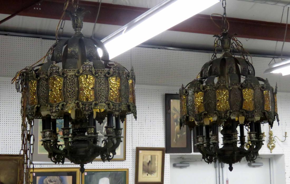 PAIR RENAISSANCE REVIVAL STYLE GILT METAL CHANDELIERS. (1 of 2)