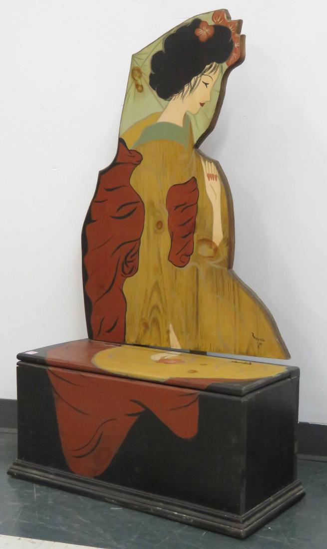 CARVED AND PAINTED STORAGE BOX, SIGNED P.M. ALEXANDER: CARVED AND PAINTED STORAGE BOX, SIGNED P.M. ALEXANDER 1988. HEIGHT 45"; WIDTH 26"