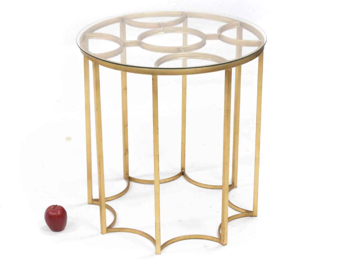 DESIGNER MODERN GILT WROUGHT IRON TABLE WITH GLASS TOP. (1 of 2)