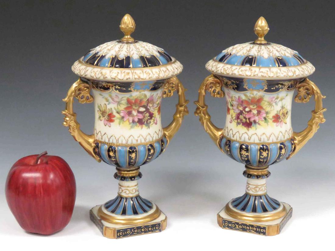 PAIR RUDOLSTADT DECORATED PORCELAIN COVERED URNS, (1 of 4)
