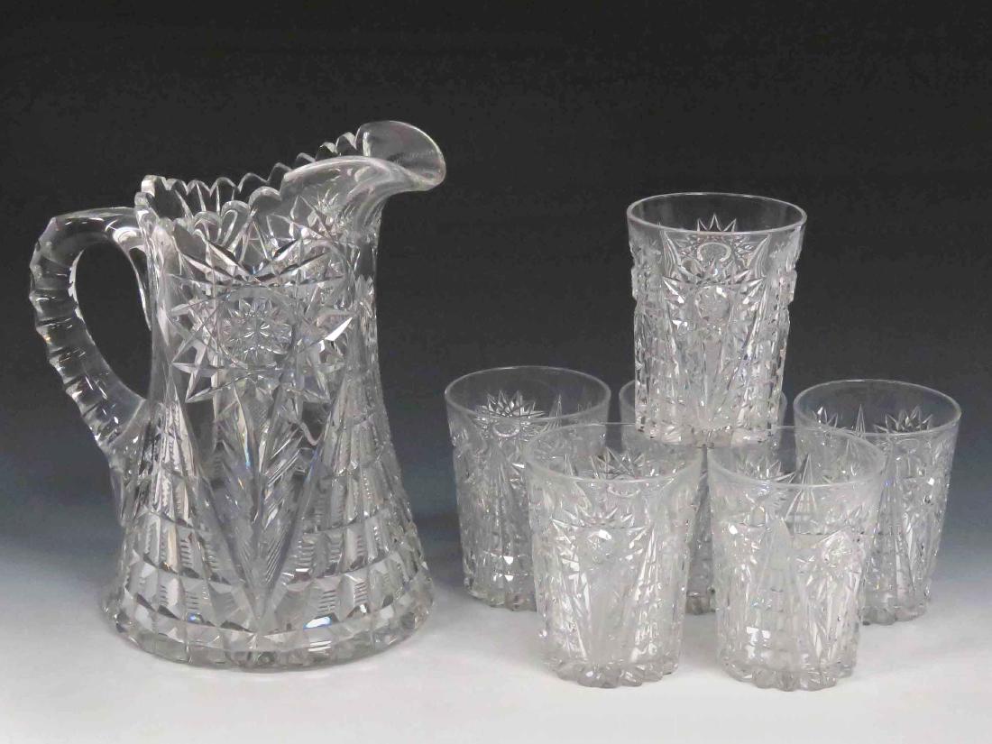 SET CUT CRYSTAL WATER PITCHER WITH (6) TUMBLERS. HEIGHT (1 of 2)
