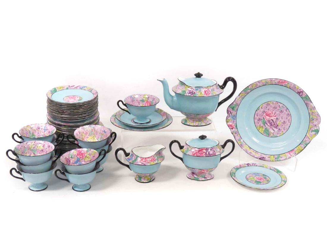 VERY RARE SET SHELLEY "SWANSEA LACE", #11302/25 ROBINS: VERY RARE SET SHELLEY "SWANSEA LACE", #11302/25 ROBINS EGG BLUE LUNCHEON/TEA SET WITH GAINSBOROUGH SHAPE CUPS, (55 PIECES INCLUDING LIDS) INCLUDING (12) CUPS, HEIGHT 2 1/2"; (12) SAUCERS, 5 1/2"; (12)