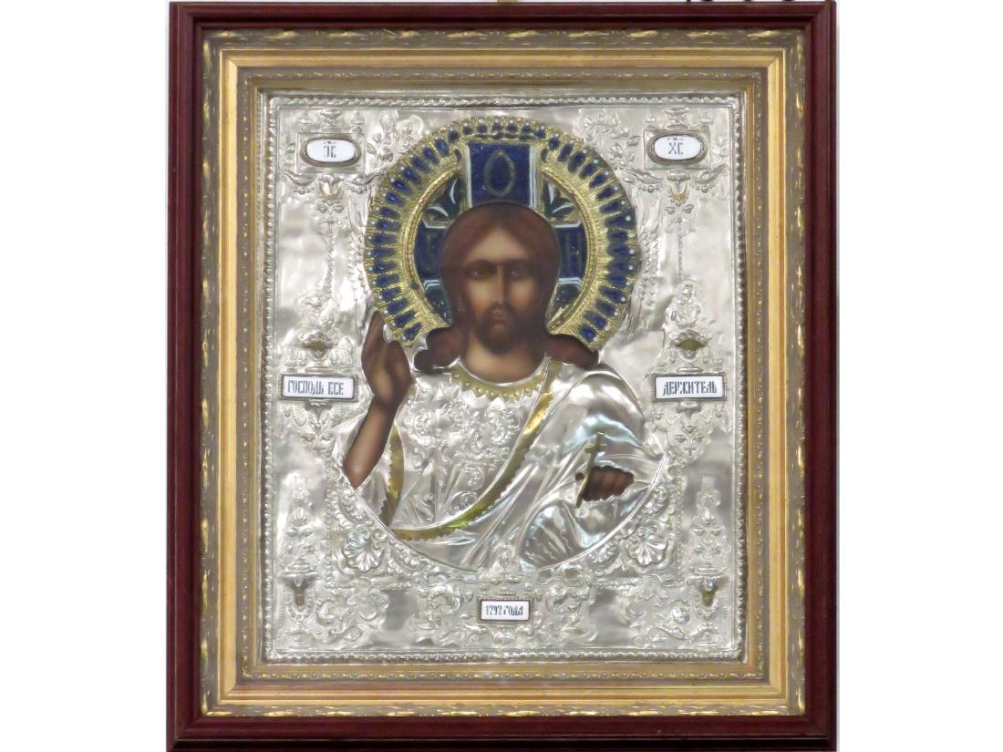 RUSSIAN PRINTED ICON ON WOOD PANEL WITH SILVERED AND (1 of 3)