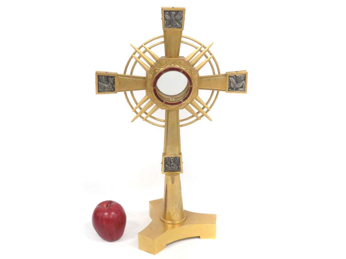 GILT BRASS/PEWTER & ENAMEL MONSTRANCE. HEIGHT 20 1/2" (1 of 4)