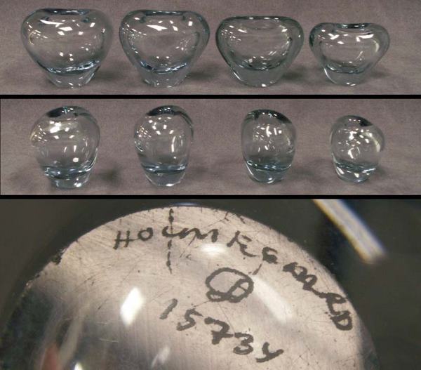 LOT (4) HOLMEGAARD FREE-FORM BLOWN GLASS VASES: LOT (4) HOLMEGAARD FREE-FORM BLOWN GLASS VASES, DENMARK C.1950'S. HEIGHT 2 3/4-3 1/2" (1/IMPERFECT)