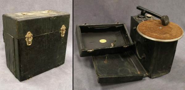 DYNAPHONE PORTABLE RECORD PLAYER RADIO, C.1930: DYNAPHONE PORTABLE RECORD PLAYER RADIO, C.1930. HEIGHT 13" (CASE/AS IS)