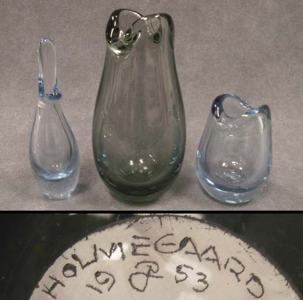 LOT (3) HOLMEGAARD BLOWN GLASS VASES: LOT (3) HOLMEGAARD BLOWN GLASS VASES, DENMARK, C.1955. HEIGHT 4-7 1/2"