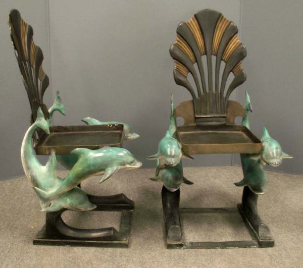 PAIR DECORATOR CAST BRASS DOLPHIN SIDE CHAIRS
