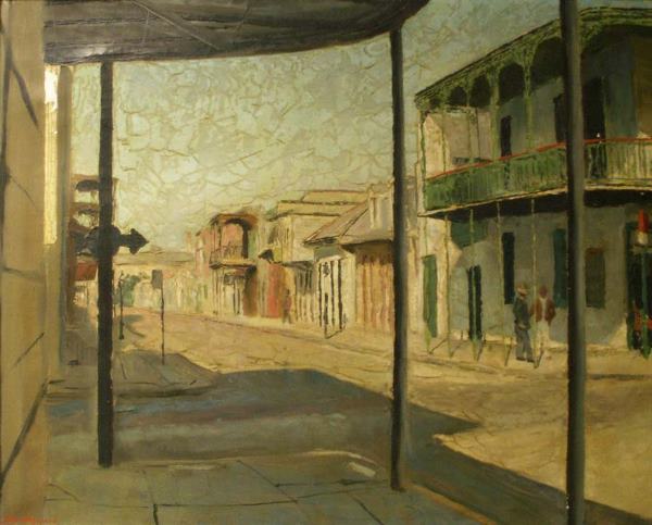 PAINTING "ORLEANS STREET AT BOURBON ..." HAYWARD: OIL ON CANVAS "ORLEANS STREET AT BOURBON STREET, NEW ORLEANS", SIGNED PETER HAYWARD (AMERICAN 1905-). 24 X 30"; FRAMED 30 X 36" (IMPERFECTIONS) **DUE TO SIZE AND/OR FRAGILITY OF THIS LOT IN-HOUSE SHIP