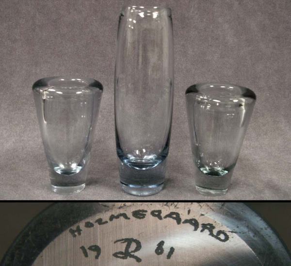 LOT (3) HOLMEGAARD BLOWN GLASS VASES: LOT (3) HOLMEGAARD BLOWN GLASS VASES, DENMARK, C.1955. HEIGHT 5 3/8 TO 8 3/4"