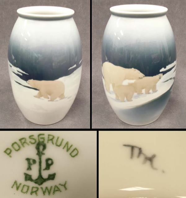 PORSGRUND PORCELAIN VASE, "POLAR BEARSö: PORSGRUND PORCELAIN VASE, "POLAR BEARS", MONOGRAMMED THOROLF HOLMBOE (NORWAY 1866-1935) C.1920'S. HEIGHT 10"