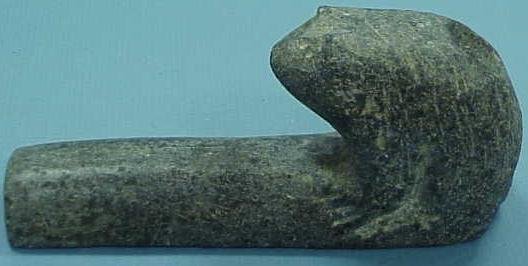 CHEROKEE STEATITE FIGURAL PIPE-FROG: CHEROKEE STEATITE FIGURAL PIPE-FROG. LENGTH 6"