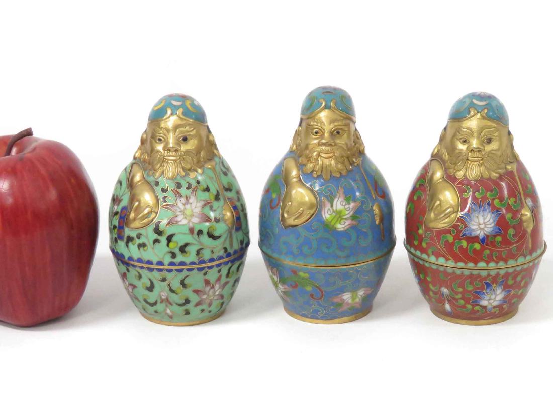SET (3) CHINESE CLOISONNE FIGURAL COVERED CONTAINERS. (1 of 3)