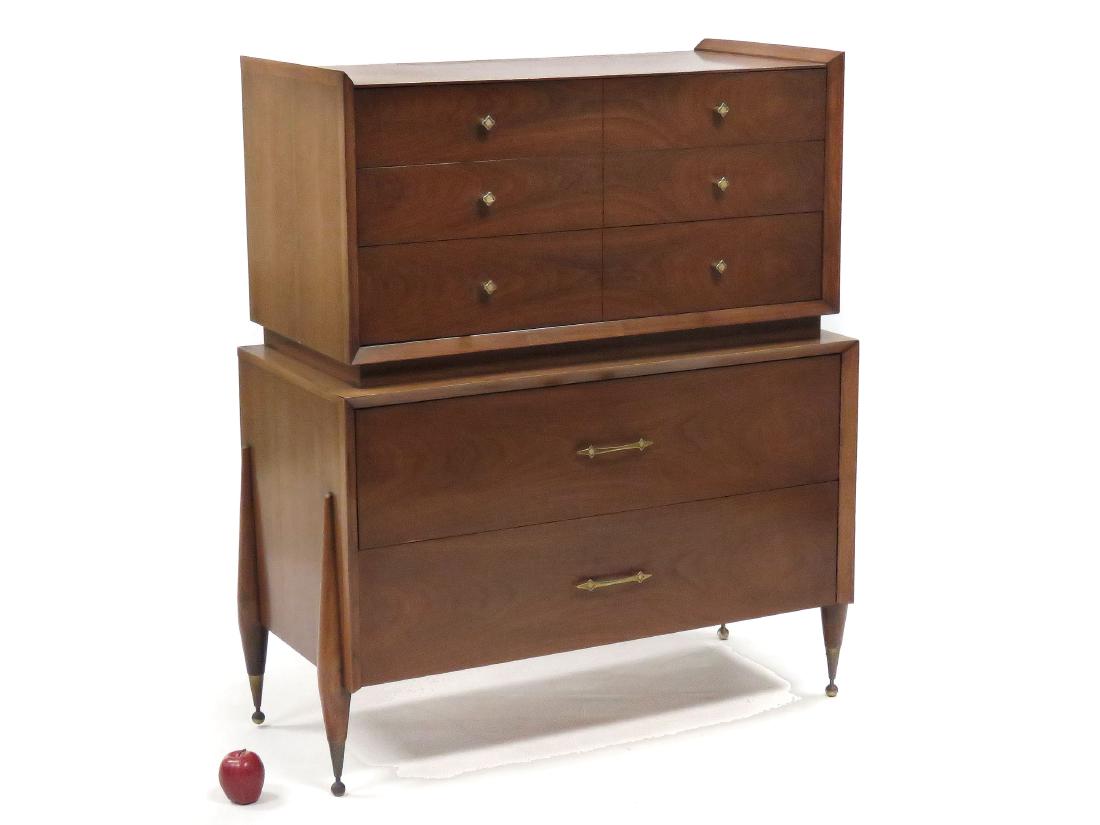 MID-CENTURY MODERN WALNUT CHEST ON CHEST, SIGNED (1 of 5)