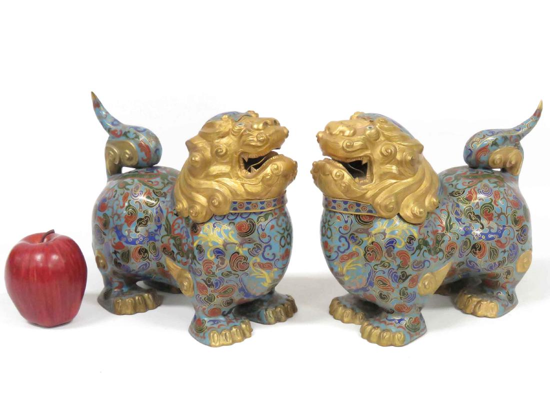 PAIR CHINESE CLOISONNE FOO DOG CONTAINERS. HEIGHT 9"; (1 of 4)