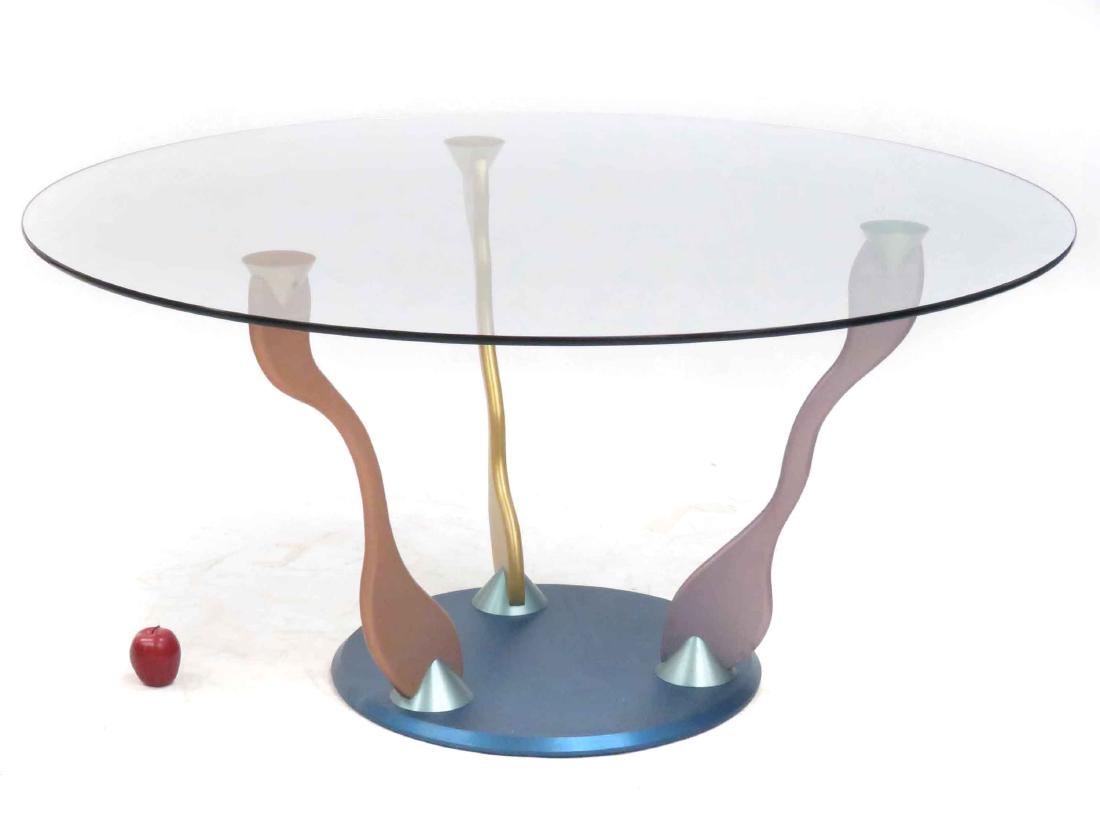 PETER HANDLER STUDIO STAINLESS STEEL/PLATE GLASS TABLE. (1 of 2)