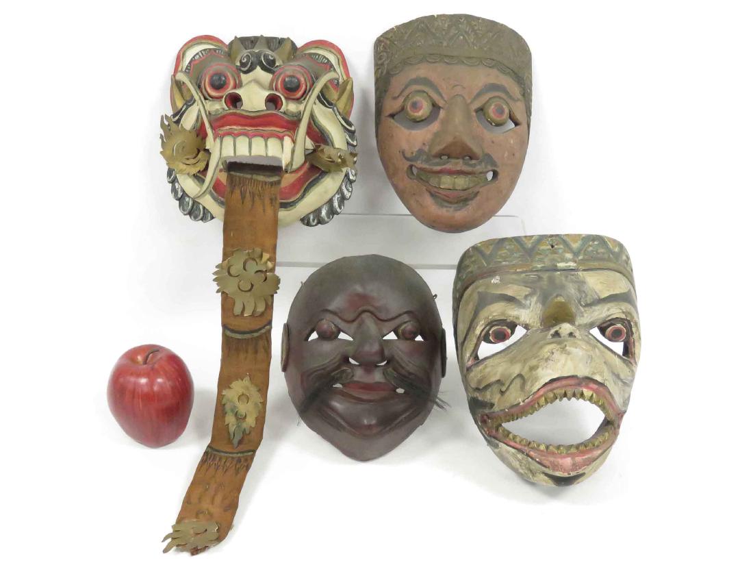 LOT (4) BALINESE CARVED AND PAINTED FESTIVAL MASKS. (1 of 2)