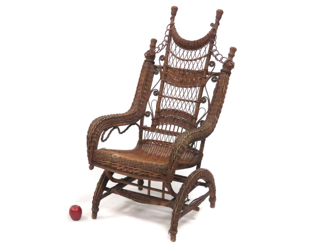 ANTIQUE WICKER GLIDER ROCKER, 19TH CENTURY. HEIGHT 47"; (1 of 2)
