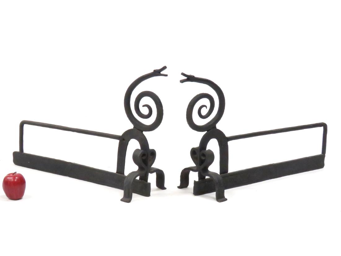 PAIR WROUGHT IRON CRAFTSMAN STYLE SNAKE ANDIRONS.: PAIR WROUGHT IRON CRAFTSMAN STYLE SNAKE ANDIRONS. HEIGHT 17 1/2"; LENGTH 26"