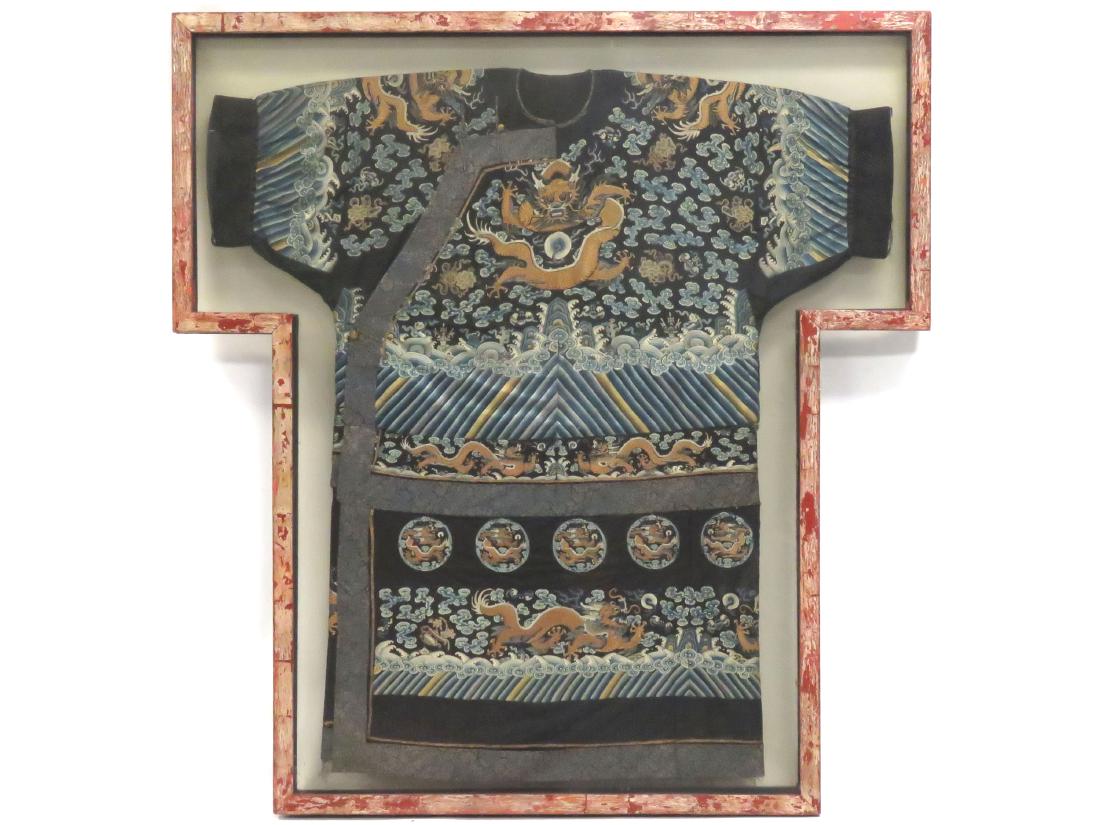 CHINESE EMBROIDERED SILK DRAGON ROBE, CHING. FRAMED AND (1 of 8)