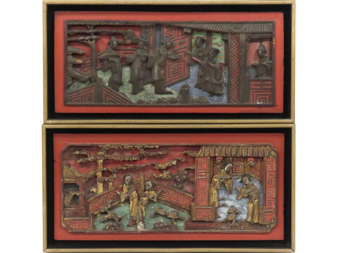 PAIR CHINESE CARVED AND PAINTED PANELS, CHING. 7 1/2 X (1 of 3)