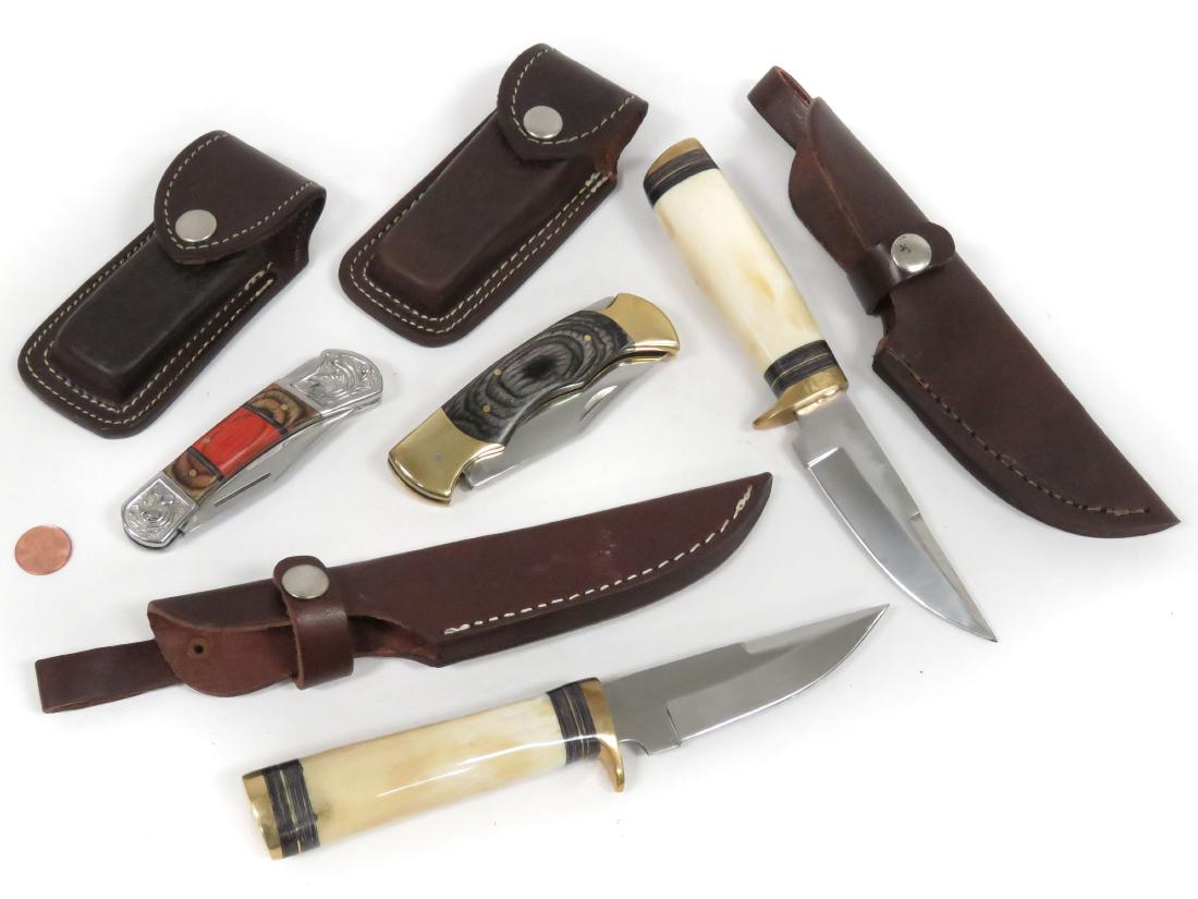 LOT (4) INCLUDING (2) CUSTOM MADE BONE HANDLE SHEATH: LOT (4) INCLUDING (2) CUSTOM MADE BONE HANDLE SHEATH KNIFE, LENGTH 8 3/4" AND (2) INLAID FOLDING KNIVES