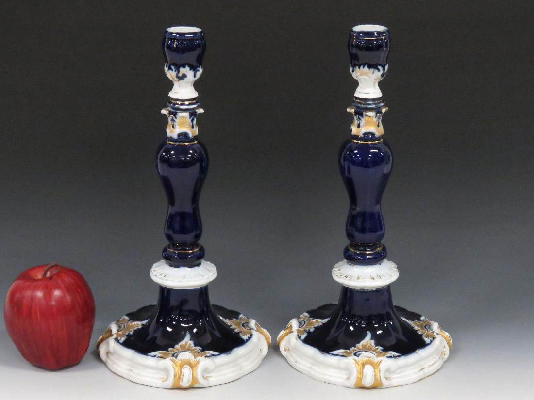 PAIR MEISSEN DECORATED PORCELAIN CANDLESTICKS, SIGNED.