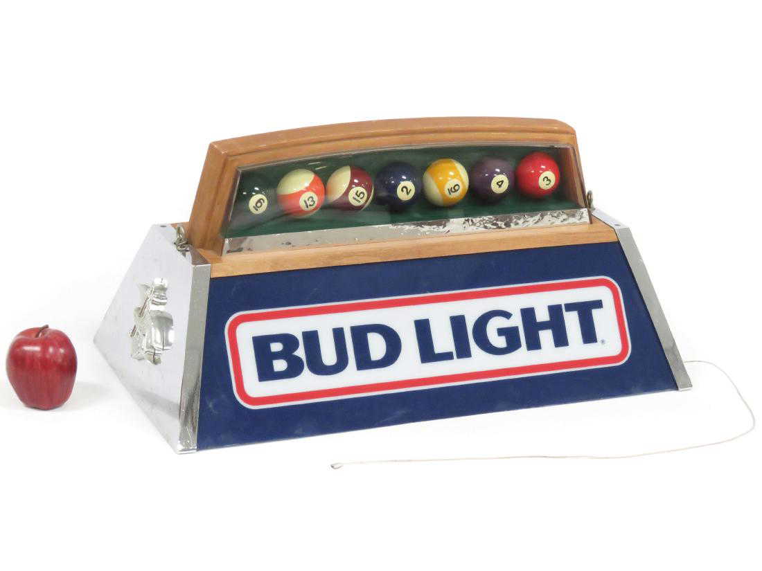 VINTAGE "BUD LIGHT" POOL TABLE LIGHT, 1984. HEIGHT 12";