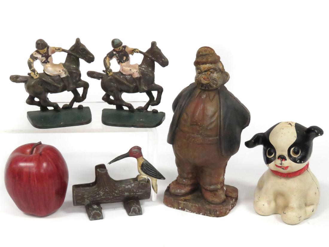 LOT (5) INCLUDING CAST IRON WHIMPEY BANK, FIDO BANK,: LOT (5) INCLUDING CAST IRON WHIMPEY BANK, FIDO BANK, PAIR POLO PLAYER BOOK ENDS, BIRD ON LOG TOOTHPICK