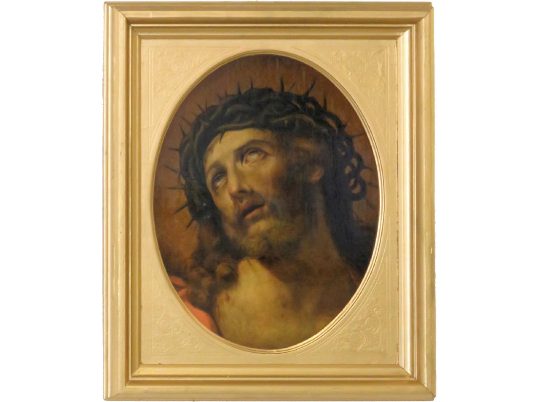 AFTER GUIDO RENI (ITALIAN 1575-1642), OIL ON WOOD: AFTER GUIDO RENI (ITALIAN 1575-1642), OIL ON WOOD PANEL, HEAD OF CHRIST, UNSIGNED C.1896. 18 1/2 X 14 1/2"; FRAMED 24 X 20"