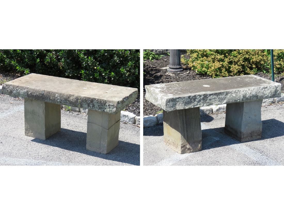 PAIR STONE GARDEN BENCHES. HEIGHT 19"; TOP 16 1/2 X 42" (1 of 1)
