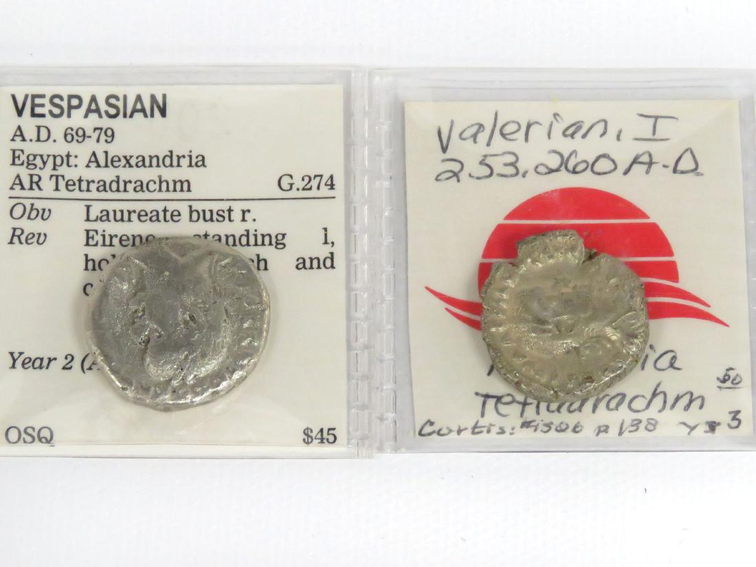 LOT (2) IMPERIAL ROMAN SILVER COINS (AD 54-68): LOT (2) IMPERIAL ROMAN SILVER COINS (AD 54-68) INCLUDING VESPASIAN AR TETRADRACHM (AD 69-79), 24MM & VALERIAN I AR TETRADRACHM (AD 253-260), 23MM