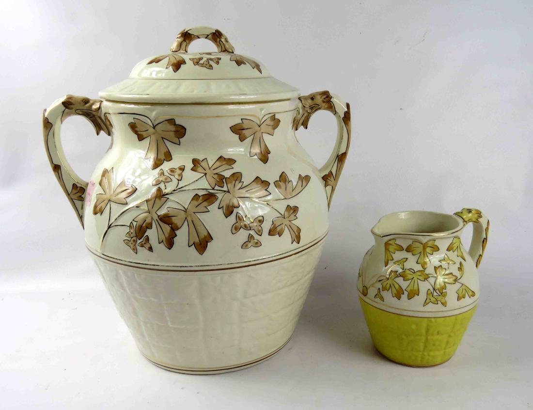 LOT (2) VINTAGE AVALON FAIENCE MAJOLICA INCLUDING: LOT (2) VINTAGE AVALON FAIENCE MAJOLICA INCLUDING DOUBLE HANDLE COVERED COMMODE, HEIGHT 14 3/4" (LID CRACKED) AND PITCHER, HEIGHT 6 3/4"