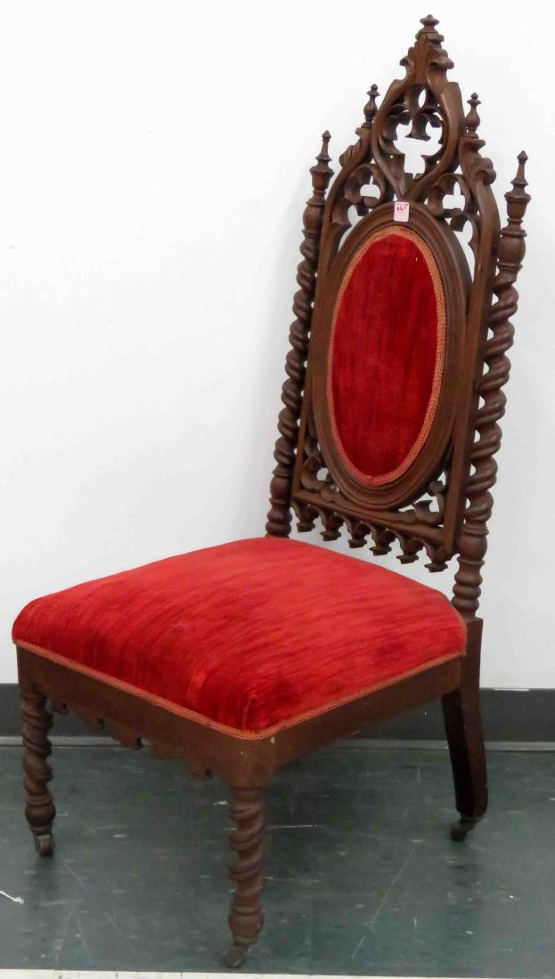 ANTIQUE ORNATE CARVED WALNUT UPHOLSTERED ALTAR CHAIR.: ANTIQUE ORNATE CARVED WALNUT UPHOLSTERED ALTAR CHAIR. HEIGHT 16"