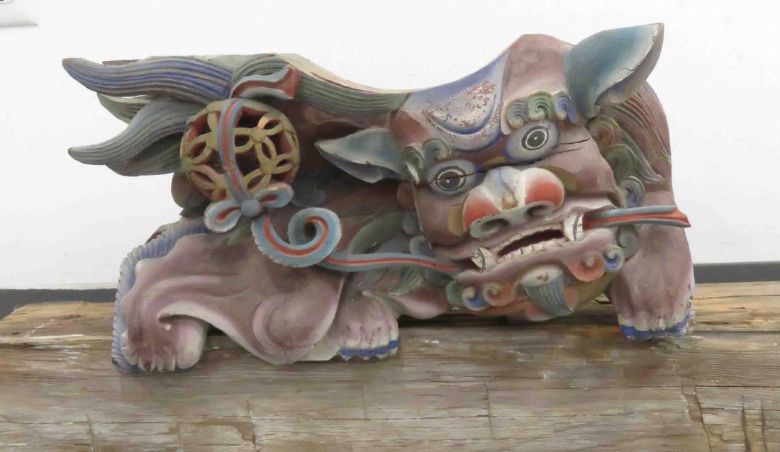 LOT (2) CHINESE CARVED/PAINTED FOO DOGS, MOUNTED ON (1 of 2)