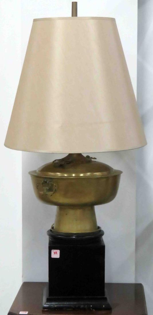 JAPANESE BRONZE CENSOR, MOUNTED AS A LAMP. HEIGHT 28" (1 of 2)