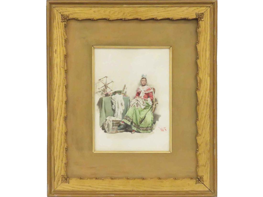 ANGELO VON COURTEN (ITALIAN 1848-1925), WATERCOLOR,: ANGELO VON COURTEN (ITALIAN 1848-1925), WATERCOLOR, WOMAN DOING NEEDLEPOINT, SIGNED. 14 X 10"; FRAMED AND GLAZED-27 X 22 1/2"
