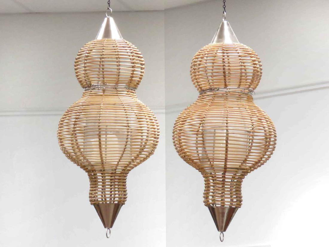 PAIR MID-CENTURY DESIGNER MODERN METAL/RATTAN HANGING (1 of 3)