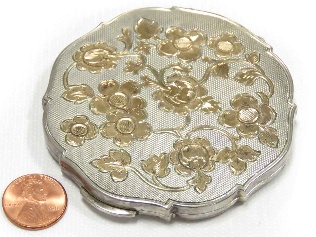 835 SILVER/GOLD INLAID POWDER COMPACT WITH MIRROR. (1 of 4)